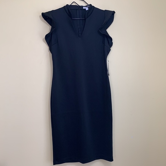 New York & Company | NWT Black Flutter Cap Sleeve Split V-Neck Sheath Dress MP - Picture 3 of 17